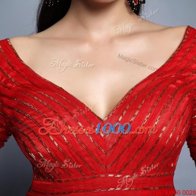 Sumptuous Sequins Red Zipper Short Sleeves Floor Length