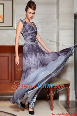 Grey Chiffon Side Zipper V-neck Sleeveless Floor Length Prom Dresses Beading and Ruffles