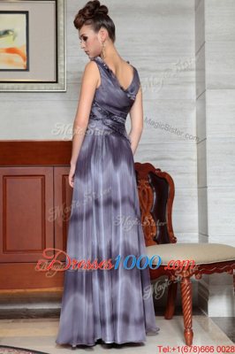 Grey Chiffon Side Zipper V-neck Sleeveless Floor Length Prom Dresses Beading and Ruffles