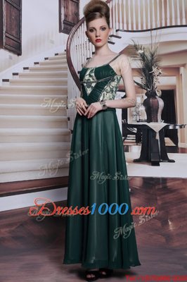 Eye-catching Teal Column/Sheath Spaghetti Straps Sleeveless Chiffon Floor Length Zipper Embroidery Prom Evening Gown