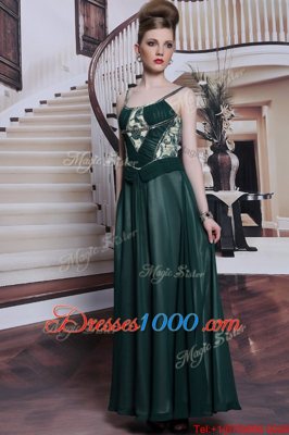 Eye-catching Teal Column/Sheath Spaghetti Straps Sleeveless Chiffon Floor Length Zipper Embroidery Prom Evening Gown