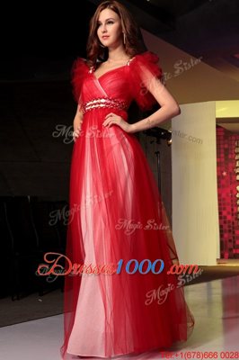 Trendy Beading Red Zipper Sleeveless Floor Length