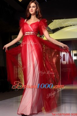 Trendy Beading Red Zipper Sleeveless Floor Length