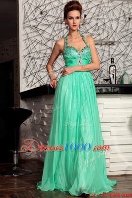 Dazzling Halter Top Turquoise Sleeveless Chiffon Sweep Train Zipper Homecoming Dress for Prom and Party