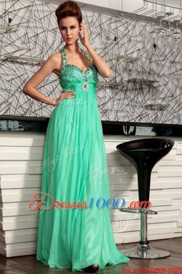 Dazzling Halter Top Turquoise Sleeveless Chiffon Sweep Train Zipper Homecoming Dress for Prom and Party