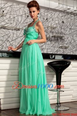 Dazzling Halter Top Turquoise Sleeveless Chiffon Sweep Train Zipper Homecoming Dress for Prom and Party