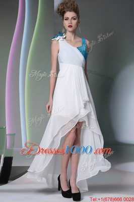 Shining White Side Zipper Homecoming Gowns Ruffled Layers and Sequins and Hand Made Flower Sleeveless High Low