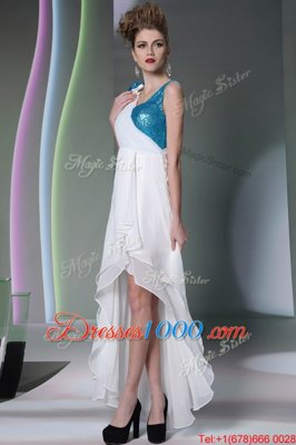 Shining White Side Zipper Homecoming Gowns Ruffled Layers and Sequins and Hand Made Flower Sleeveless High Low