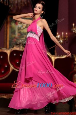 Beauteous Halter Top Sleeveless Zipper Dress for Prom Hot Pink Chiffon