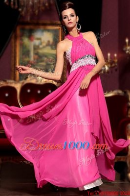 Beauteous Halter Top Sleeveless Zipper Dress for Prom Hot Pink Chiffon