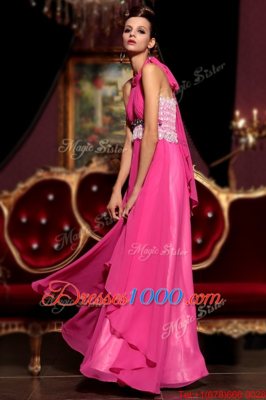 Beauteous Halter Top Sleeveless Zipper Dress for Prom Hot Pink Chiffon