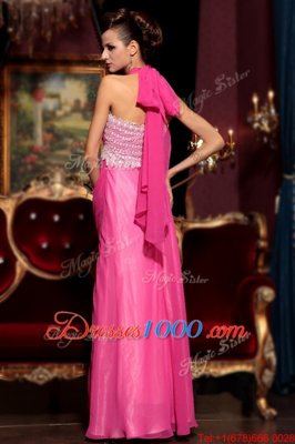 Beauteous Halter Top Sleeveless Zipper Dress for Prom Hot Pink Chiffon