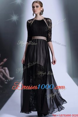 Elegant Scoop Half Sleeves Zipper Floor Length Lace Prom Dresses