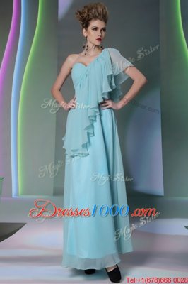 Exceptional Column/Sheath Dress for Prom Light Blue One Shoulder Chiffon Cap Sleeves Ankle Length Side Zipper