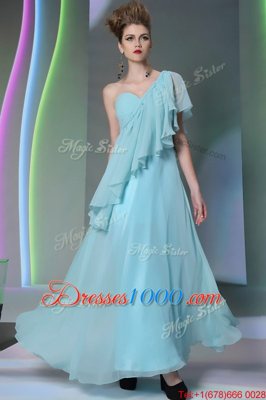 Exceptional Column/Sheath Dress for Prom Light Blue One Shoulder Chiffon Cap Sleeves Ankle Length Side Zipper