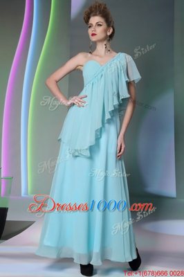 Exceptional Column/Sheath Dress for Prom Light Blue One Shoulder Chiffon Cap Sleeves Ankle Length Side Zipper