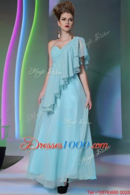 Exceptional Column/Sheath Dress for Prom Light Blue One Shoulder Chiffon Cap Sleeves Ankle Length Side Zipper