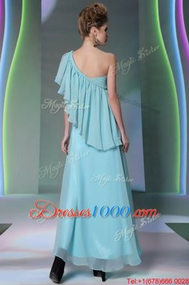 Exceptional Column/Sheath Dress for Prom Light Blue One Shoulder Chiffon Cap Sleeves Ankle Length Side Zipper