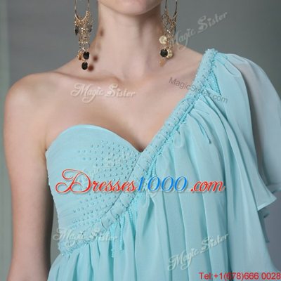 Exceptional Column/Sheath Dress for Prom Light Blue One Shoulder Chiffon Cap Sleeves Ankle Length Side Zipper