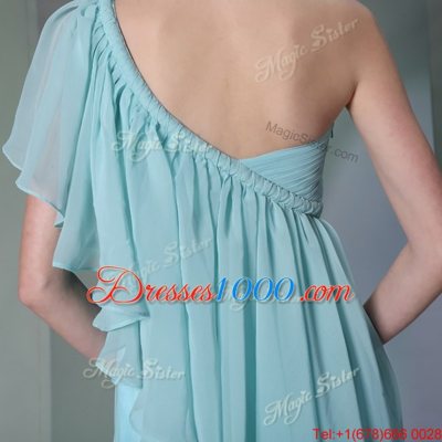 Exceptional Column/Sheath Dress for Prom Light Blue One Shoulder Chiffon Cap Sleeves Ankle Length Side Zipper