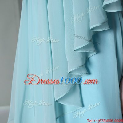 Exceptional Column/Sheath Dress for Prom Light Blue One Shoulder Chiffon Cap Sleeves Ankle Length Side Zipper