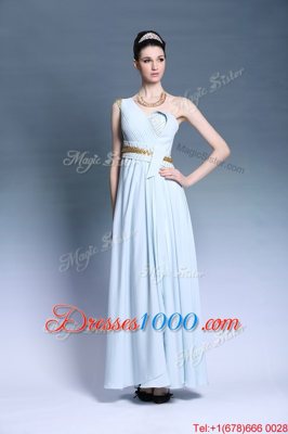 Wonderful One Shoulder Sleeveless Backless Dress for Prom Light Blue Chiffon