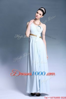 Wonderful One Shoulder Sleeveless Backless Dress for Prom Light Blue Chiffon