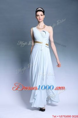 Wonderful One Shoulder Sleeveless Backless Dress for Prom Light Blue Chiffon