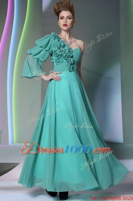 One Shoulder Long Sleeves Prom Evening Gown Floor Length Ruffles and Ruching Turquoise Chiffon