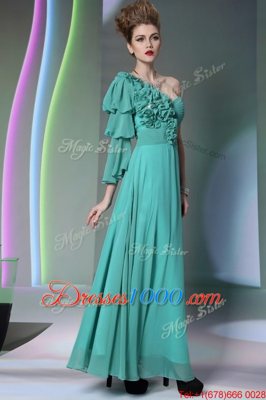 One Shoulder Long Sleeves Prom Evening Gown Floor Length Ruffles and Ruching Turquoise Chiffon