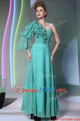 One Shoulder Long Sleeves Prom Evening Gown Floor Length Ruffles and Ruching Turquoise Chiffon