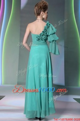 One Shoulder Long Sleeves Prom Evening Gown Floor Length Ruffles and Ruching Turquoise Chiffon