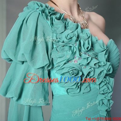 One Shoulder Long Sleeves Prom Evening Gown Floor Length Ruffles and Ruching Turquoise Chiffon