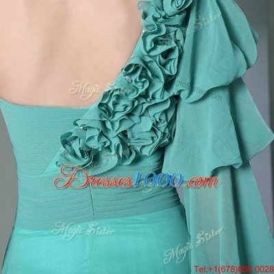 One Shoulder Long Sleeves Prom Evening Gown Floor Length Ruffles and Ruching Turquoise Chiffon