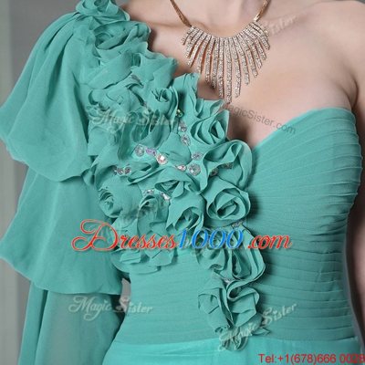 One Shoulder Long Sleeves Prom Evening Gown Floor Length Ruffles and Ruching Turquoise Chiffon