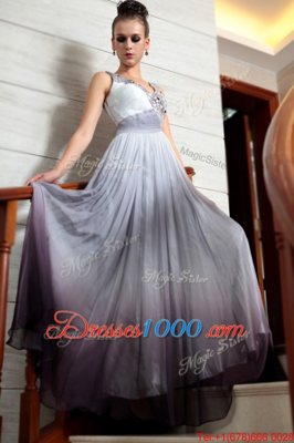 Wonderful Multi-color Side Zipper V-neck Beading and Appliques and Ruching Prom Evening Gown Chiffon Sleeveless