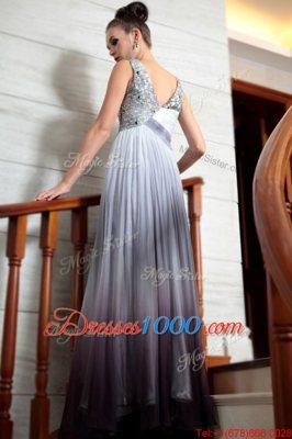 Wonderful Multi-color Side Zipper V-neck Beading and Appliques and Ruching Prom Evening Gown Chiffon Sleeveless