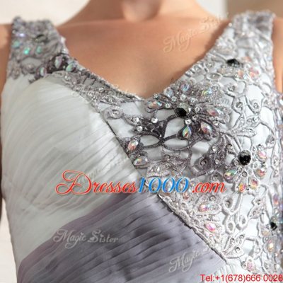 Wonderful Multi-color Side Zipper V-neck Beading and Appliques and Ruching Prom Evening Gown Chiffon Sleeveless