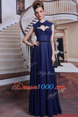 Fashion Navy Blue Sleeveless Chiffon Zipper Prom Dresses for Prom and Party