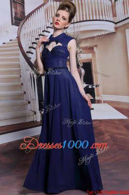 Fashion Navy Blue Sleeveless Chiffon Zipper Prom Dresses for Prom and Party