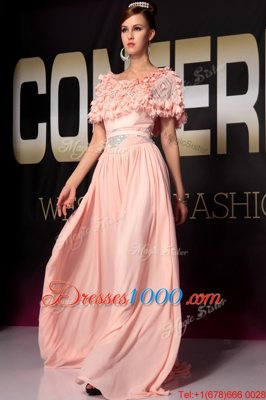 Glorious Scoop Pink Chiffon Side Zipper Prom Gown Short Sleeves Floor Length Ruffles and Belt