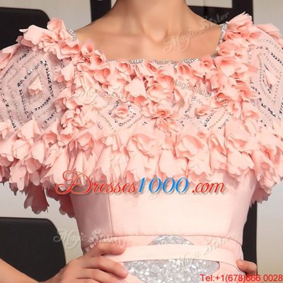 Glorious Scoop Pink Chiffon Side Zipper Prom Gown Short Sleeves Floor Length Ruffles and Belt