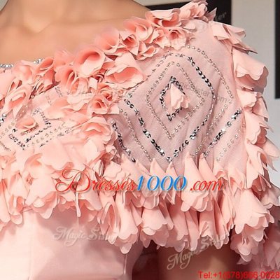 Glorious Scoop Pink Chiffon Side Zipper Prom Gown Short Sleeves Floor Length Ruffles and Belt