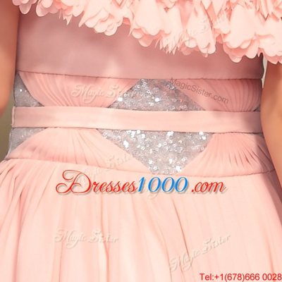 Glorious Scoop Pink Chiffon Side Zipper Prom Gown Short Sleeves Floor Length Ruffles and Belt