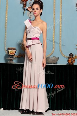 Pink One Shoulder Neckline Pattern Prom Gown Sleeveless Side Zipper