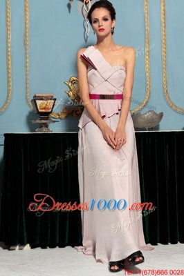 Pink One Shoulder Neckline Pattern Prom Gown Sleeveless Side Zipper