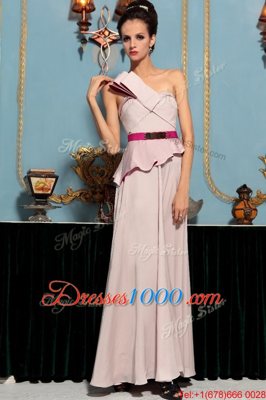 Pink One Shoulder Neckline Pattern Prom Gown Sleeveless Side Zipper