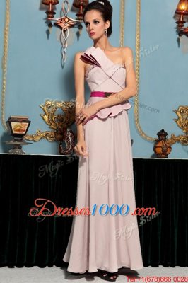 Pink One Shoulder Neckline Pattern Prom Gown Sleeveless Side Zipper