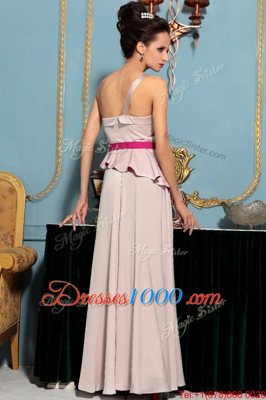 Pink One Shoulder Neckline Pattern Prom Gown Sleeveless Side Zipper