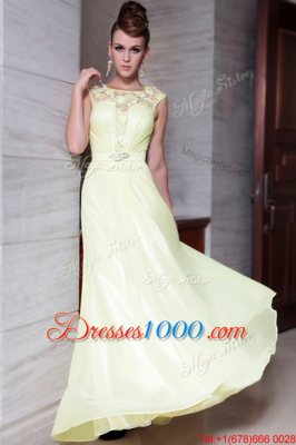 Simple Scoop Cap Sleeves Prom Party Dress Floor Length Beading and Hand Made Flower Light Yellow Chiffon